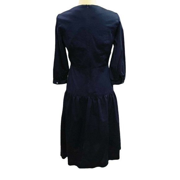 J. McLaughlin Navy Blue Cotton Sateen 3/4 Sleeve Drop Waist Dara Midi Dress XS - Picture 4 of 10
